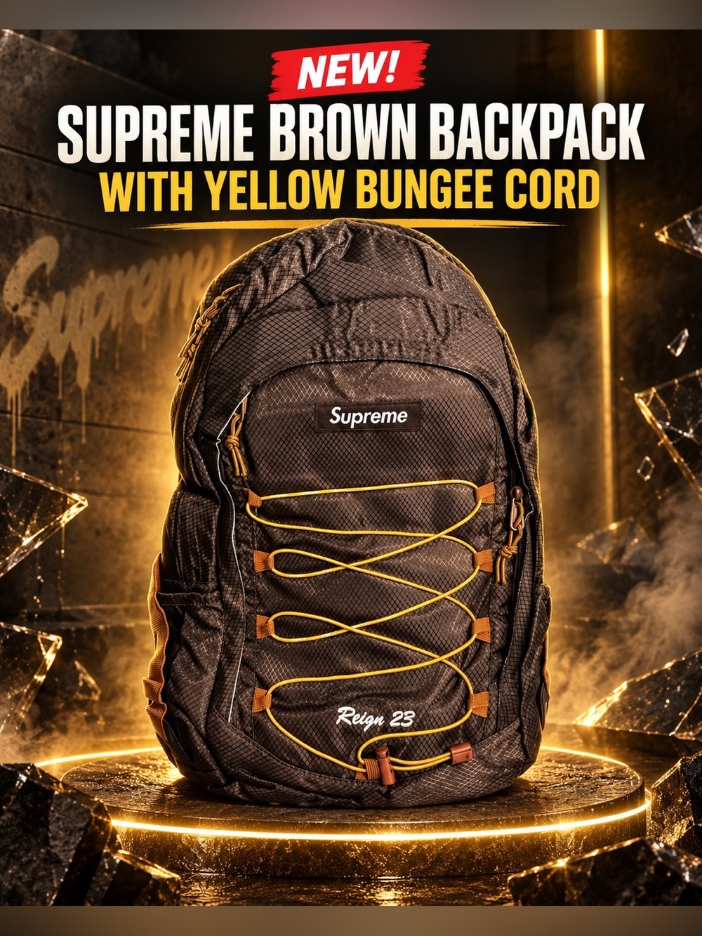 Supreme Brown Backpack with Yellow Bungee Cord!🔥New!